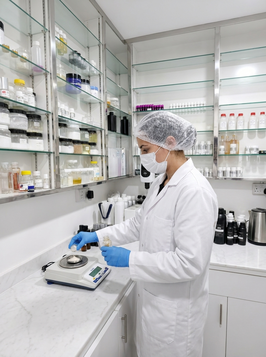Lab technician formulating in the R&D lab — Best Perfumes & Cosmetics Industry, Sharjah UAE